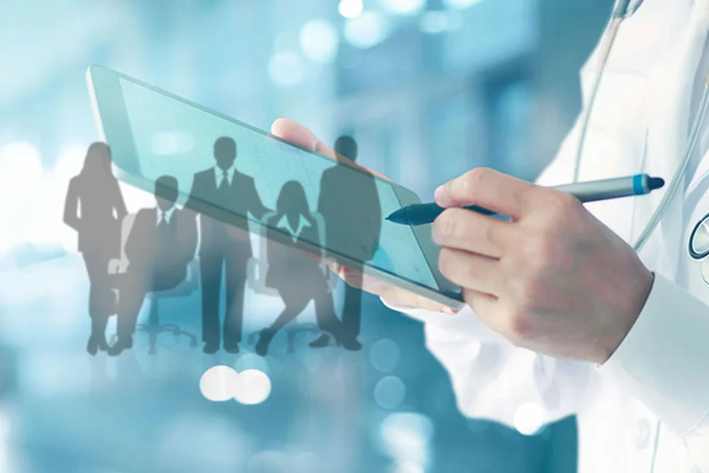 group health insurance, image of doctor checking in a tablet and an icon for corporate employee